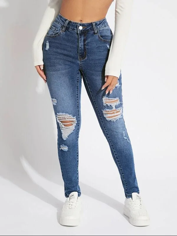 Europe and The United States Women's Skinny Ripped Jeans Spring and Autumn New Fashion Casual High Waist Denim Small Leg Pants