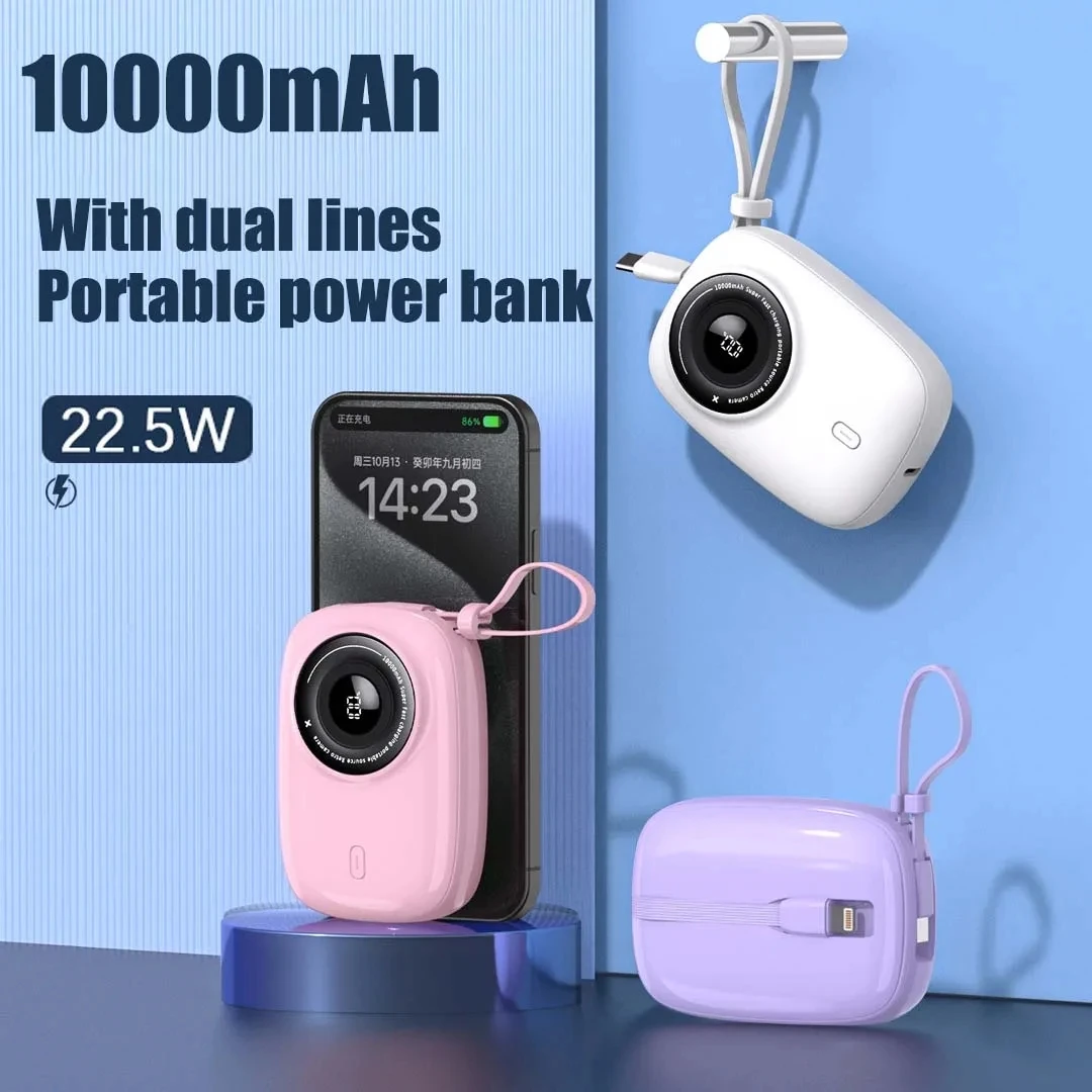 Bank daya Cepat Kamera 22.5W, bank daya ponsel kabel tanam 10000mAh portabel mini