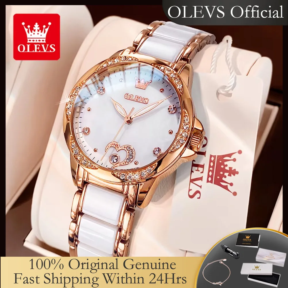 OLEVS 6631 Top Original Automatic Watch for Women Fashion Heart Design Diamond Bezel Ceramics Strap Ladies Mechanical Wristwatch