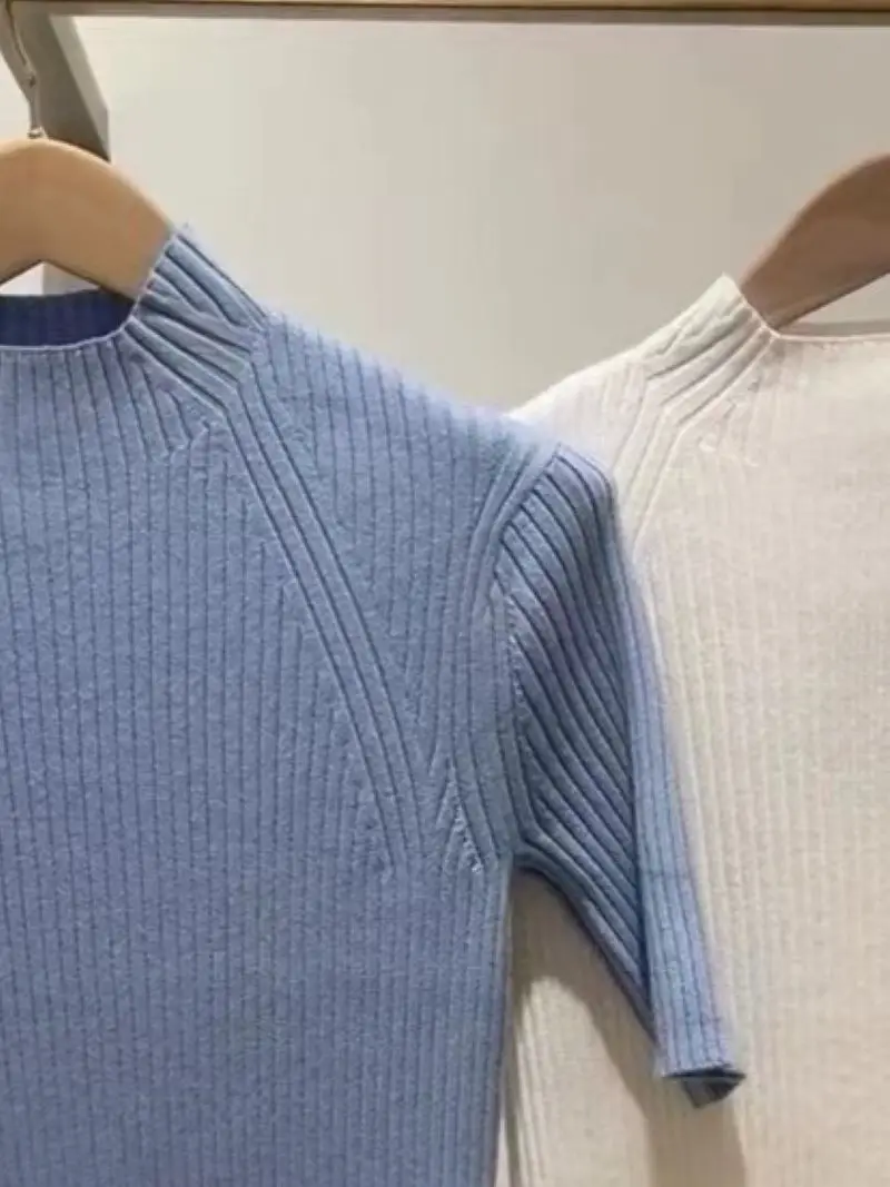 Pull en tricot à col rond pour femme, pull à manches courtes, pull décontracté mince, blanc ou bleu, automne 2024