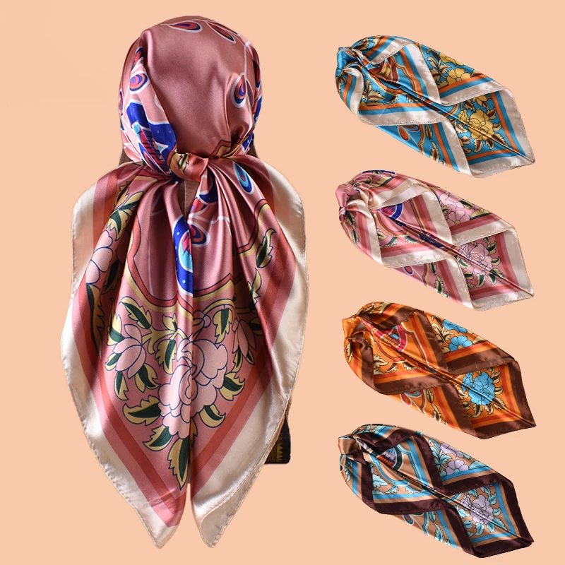 

1PC Peacock Floral Print Satin Square Scarf Women's Hair Accessory Spring New Style Versatile Belt Bag Decor Silk Headband