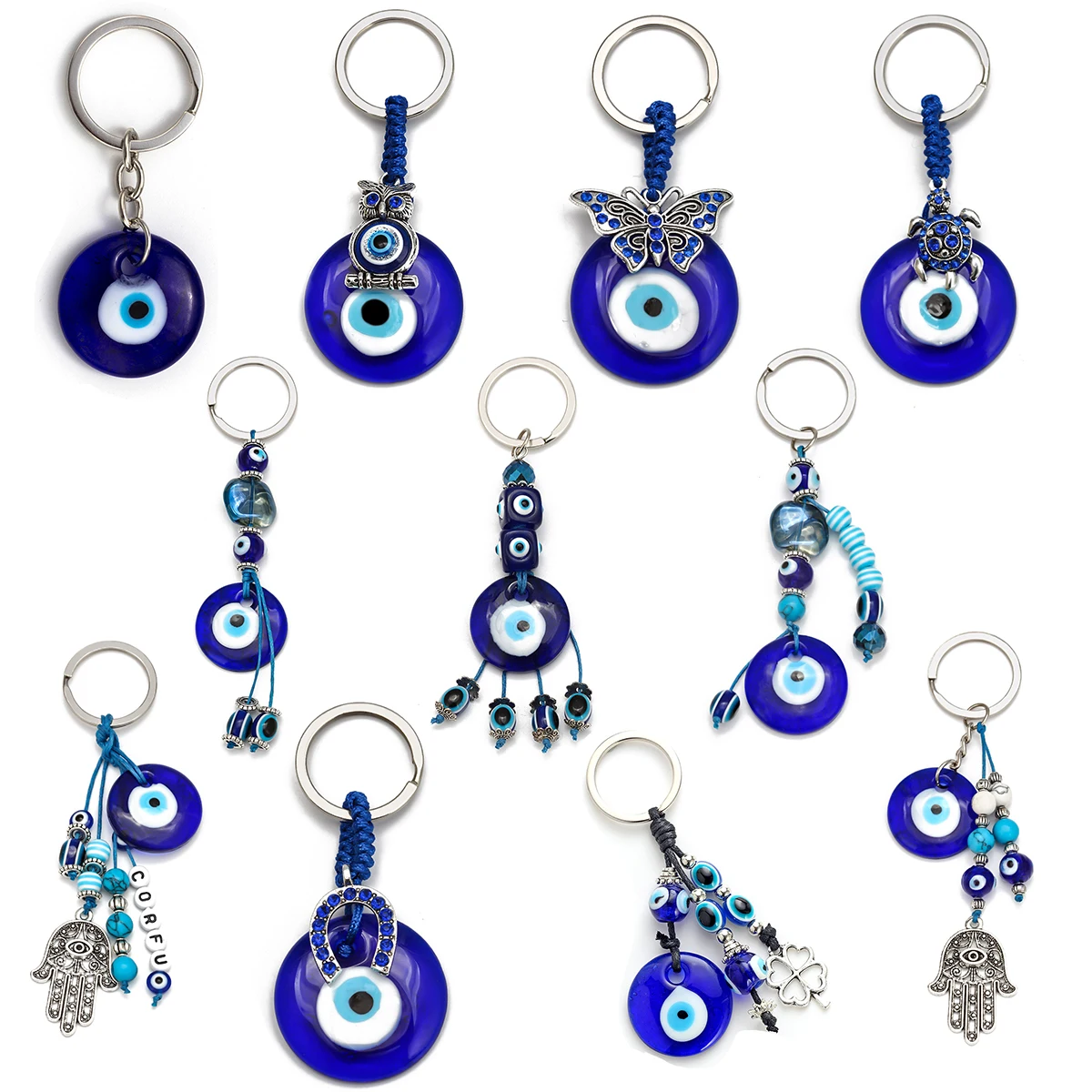 Turkish Lucky Blue Evil Eye Glass Keychain Owl Tortoise Butterfly Hamsa Pendant Charms Bag Car Key Chain Ring for Women Men Gift