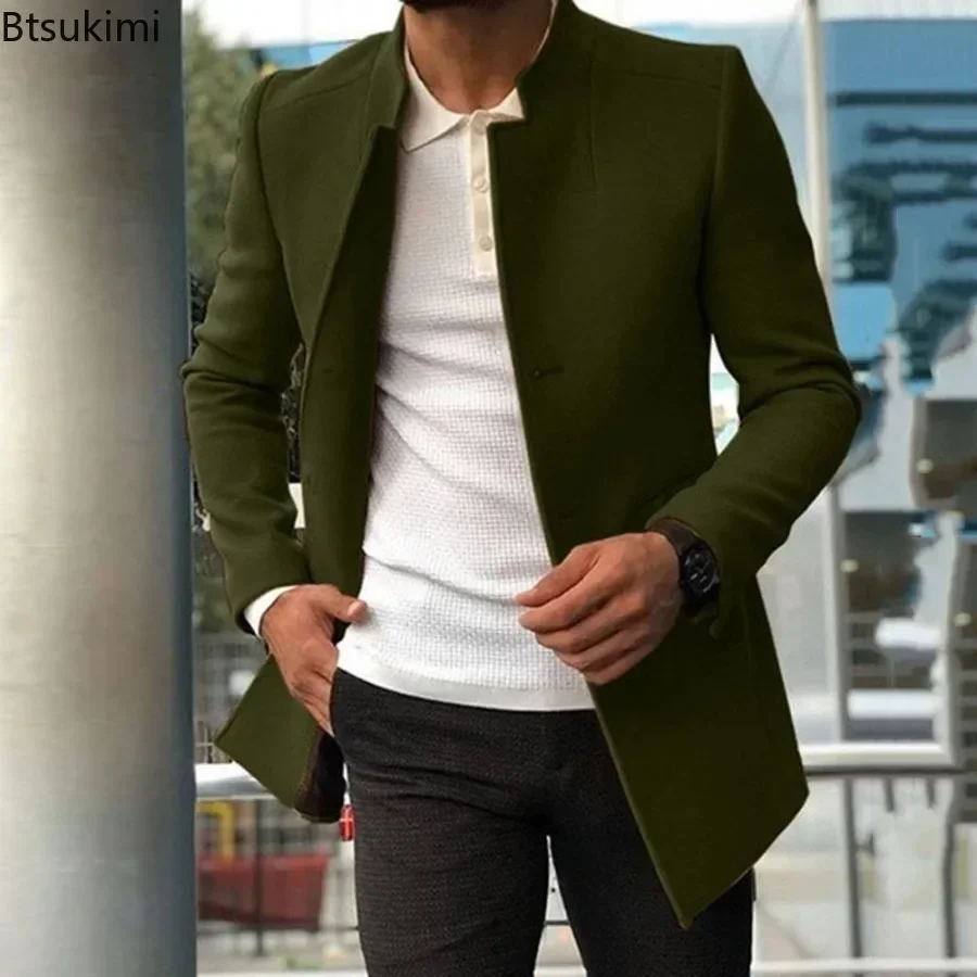 2025 Autumn Winter Fashion Men's Woolen Coats Trend Solid Slim Single Breasted Lapel Long Suit Jacket Man Simple Casual Overcoat