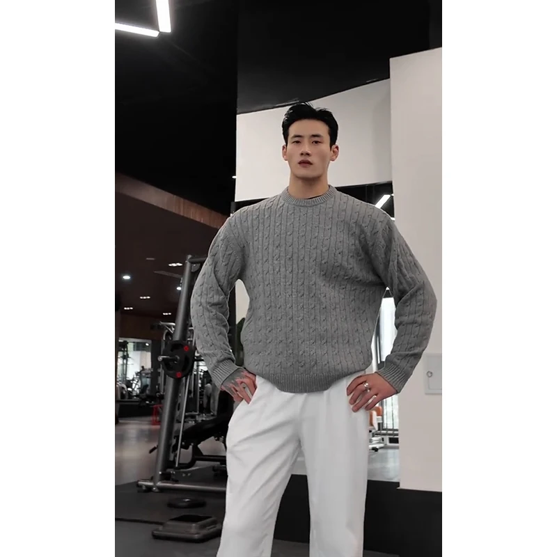 

Retro Light ey Twisted Knit round Ne Men's Sweater Casual Boting Linen Pattern Knitted irt Versatile Winter Faion