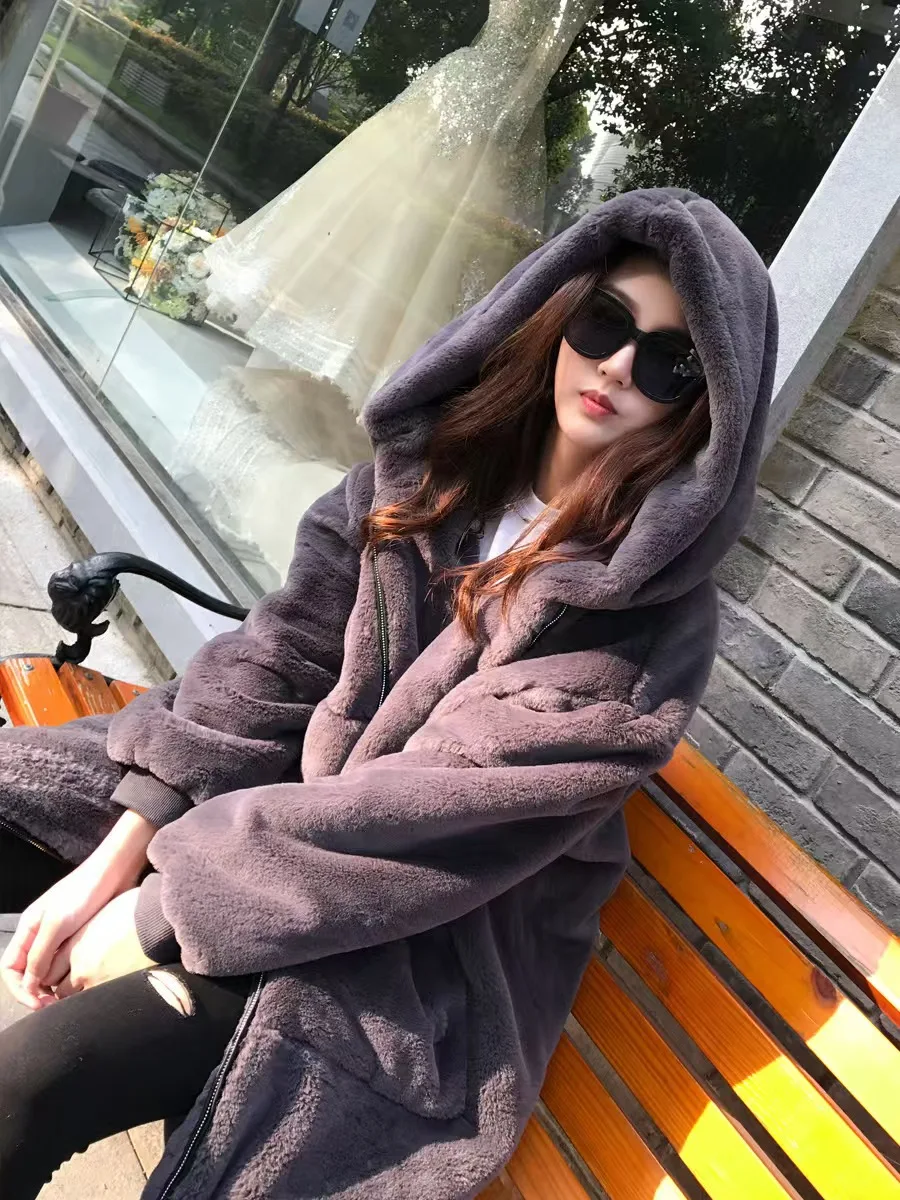 Women\'s dress Winter sweater Winter long plus size rabbit fur coat Women\'s hooded coat New zipper thick warm fluffy clothes