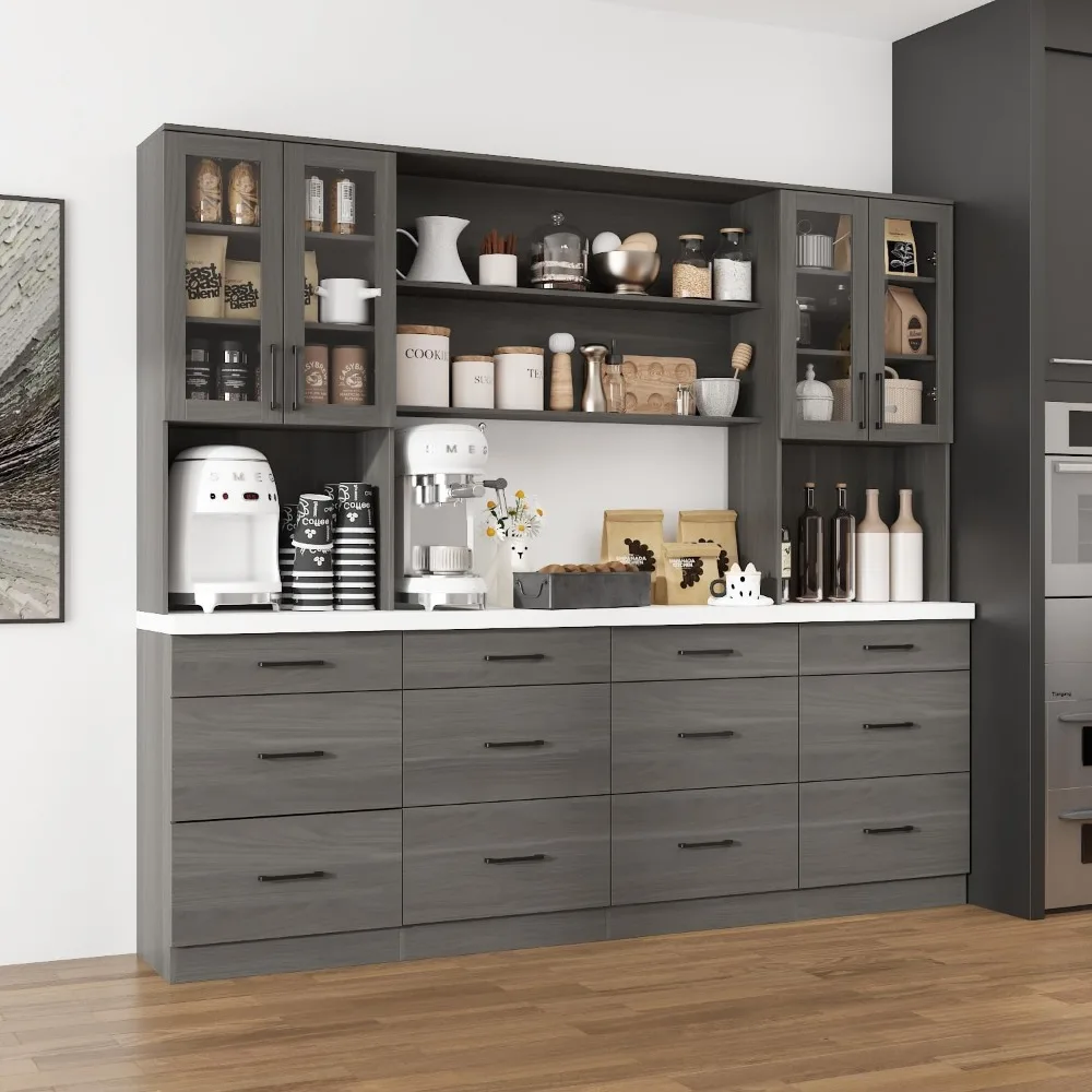 Sistema de almacenamiento de garaje grande con 12 cajones, juego de gabinete de taller con puertas de vidrio de 94,5" de ancho con encimera gruesa, estantería de utilidad