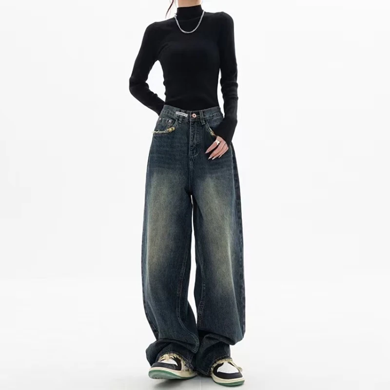 

Harajuku Retro Washed Vintage Streeetwear Y2K Baggy Pants Fashion Women High Waist Jeans Wide Leg Straight Loose Denim Trousers