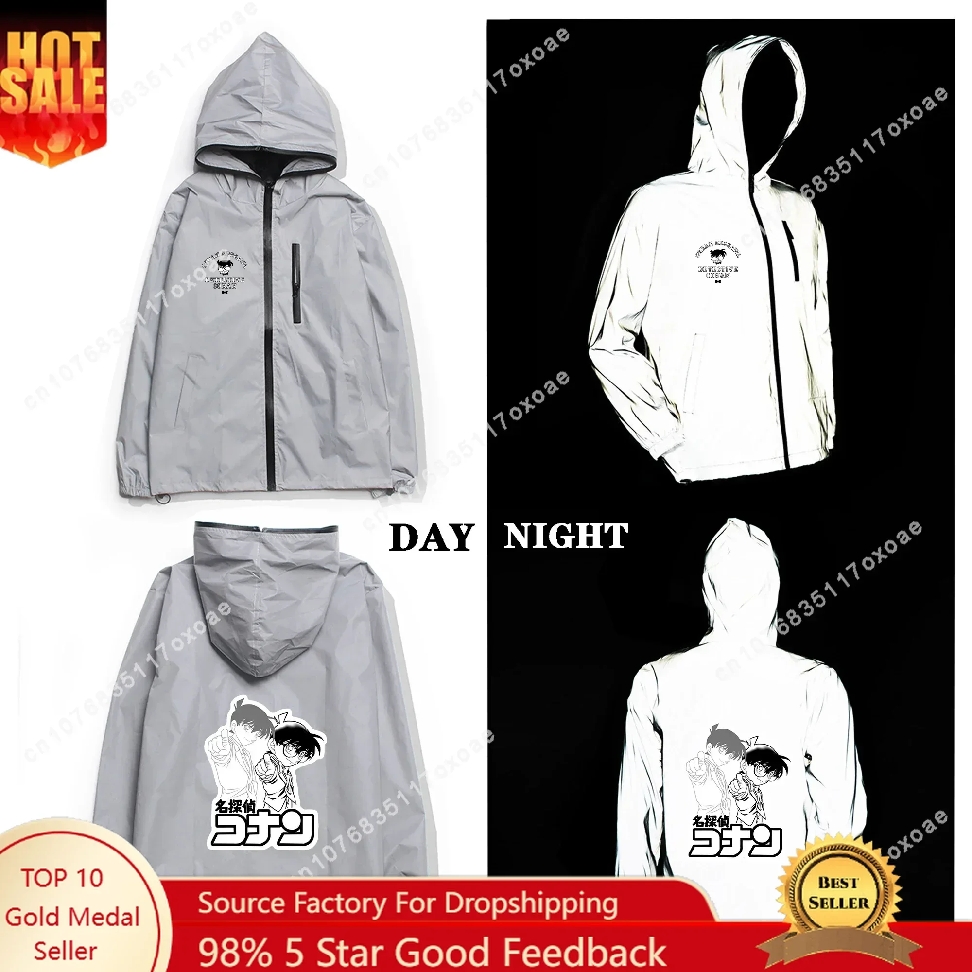 

Detective Conan Reflective Jacket Mens Womens Coat Hooded Windbreaker Pocket Jackets Anime Cartoon Manga Customization Hoodie