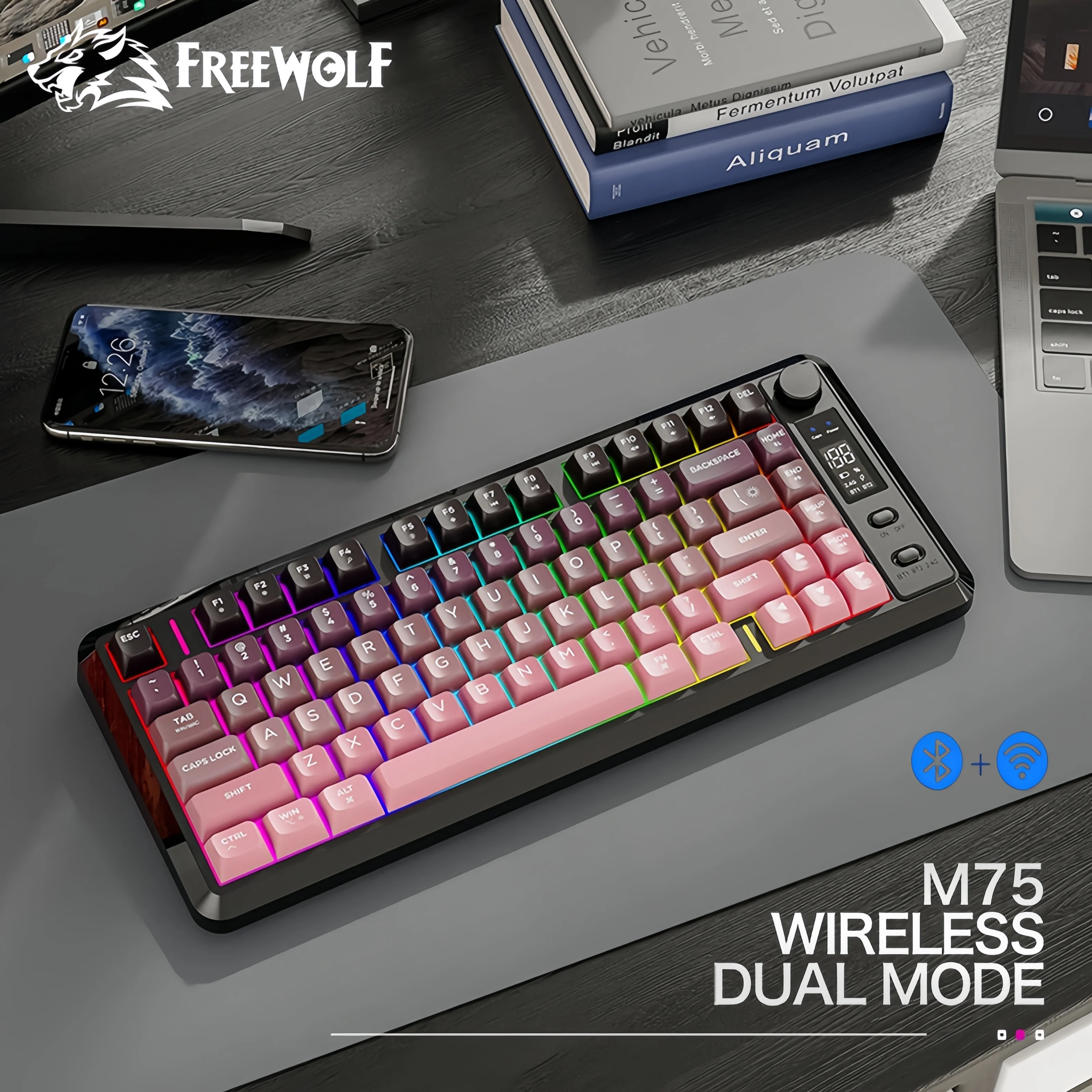 

FREEWOLF M75 Wireless Silent Keyboard 2.4G/Bluetooth 5.0, 2000mAh Battery, PBT Keycaps, RGB Backlit,Ergonomic，for Office/Gaming