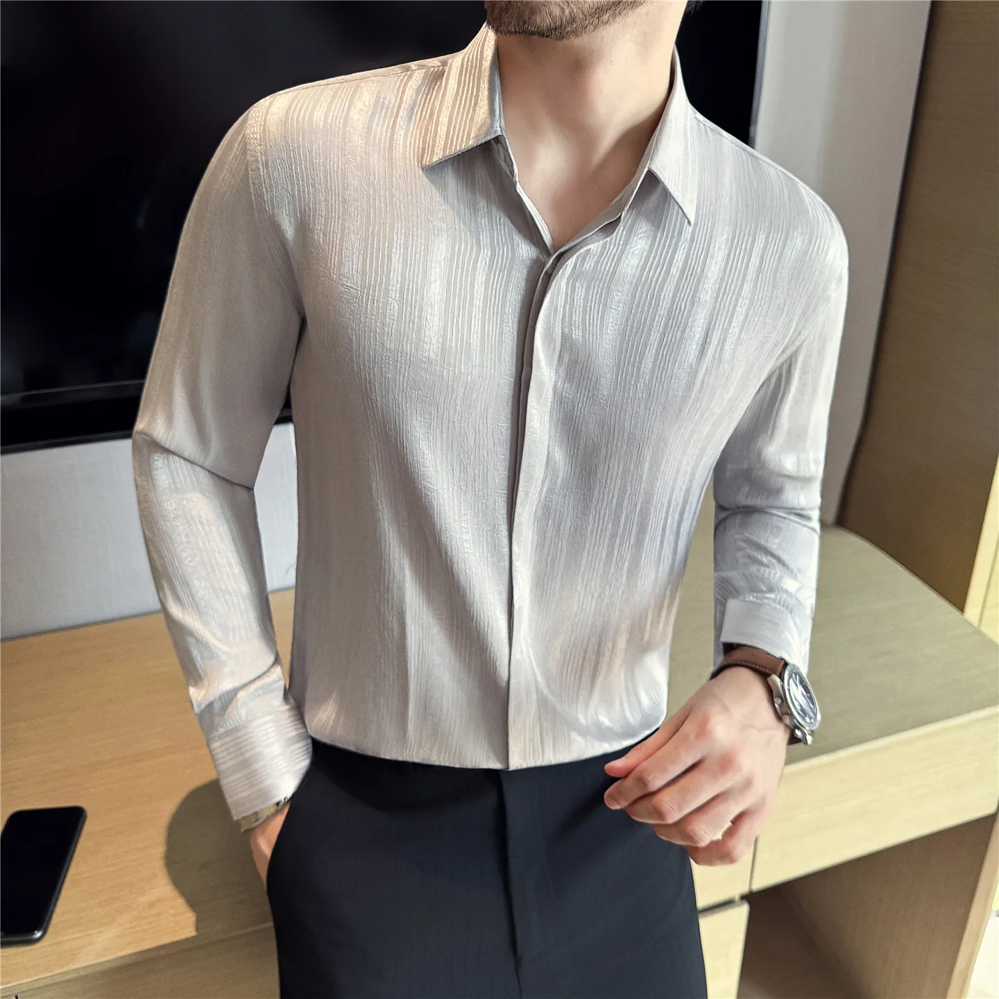 Autumn 3D Pleated Striped Long Sleeved Shirt for Men Casual Business Dress Shirt Versatile Office Social Work Uniform Shirts