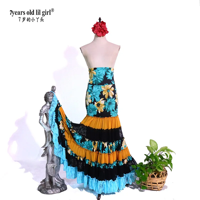 Falda de Danza del Vientre de Alta Elasticidad, Diseño de Marca de Ropa de Danza, Estilo Flamenco