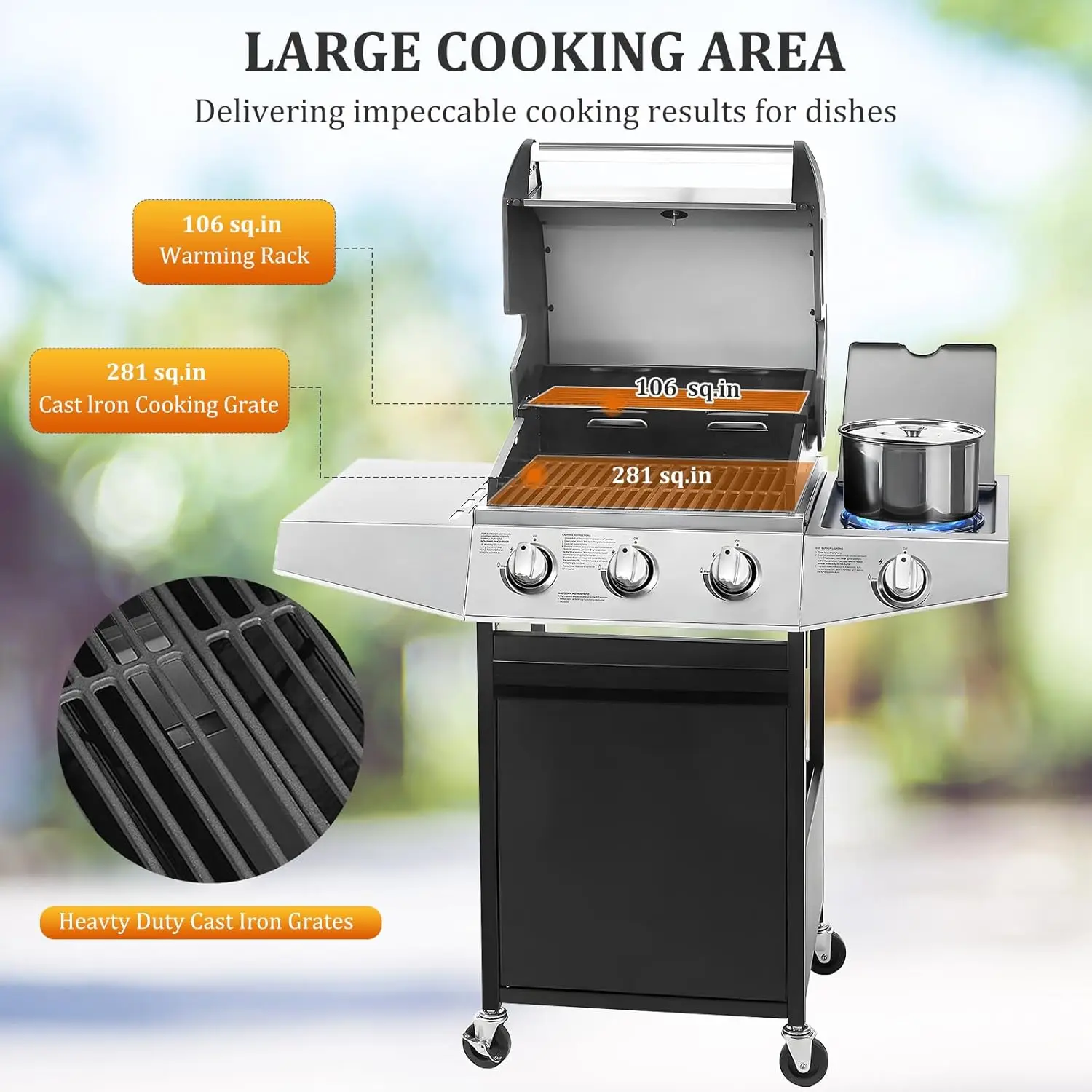 3-Burner Propane Gas BBQ Grill with Side Burner & Porcelain-Enameled Cast Iron Grates Built-in Thermometer