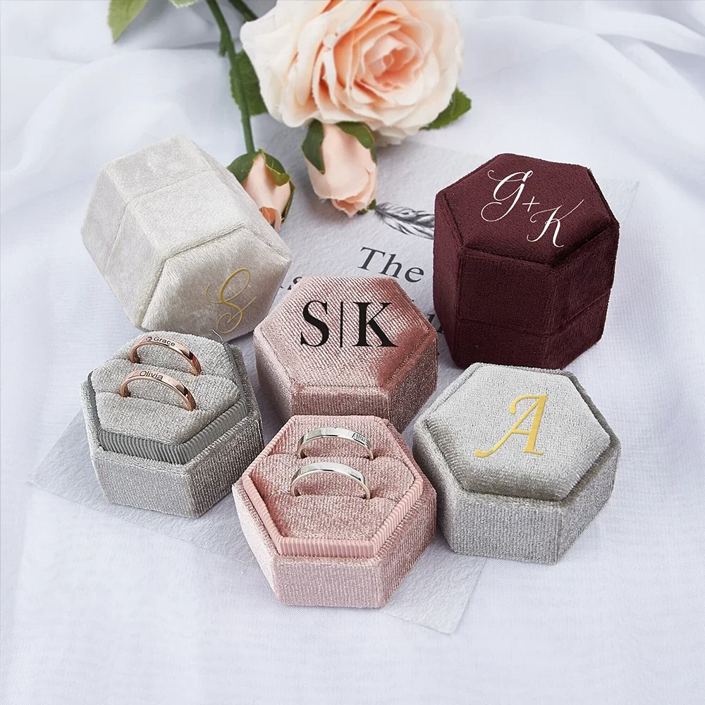 Personalized Hexagon Velvet Ring Box Custom Wedding Engagement Double Slot Monogram Ring Bearer Bride and Groom Exclusive Gift