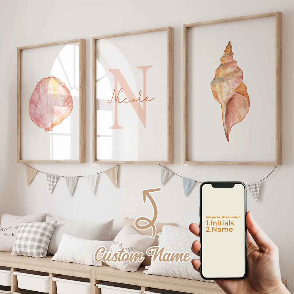 

3pcs Personalized Custom Name Cartoon Shells Wall Art Print Picture Canvas Poster Painting For Living Room Kids Room Home Decor