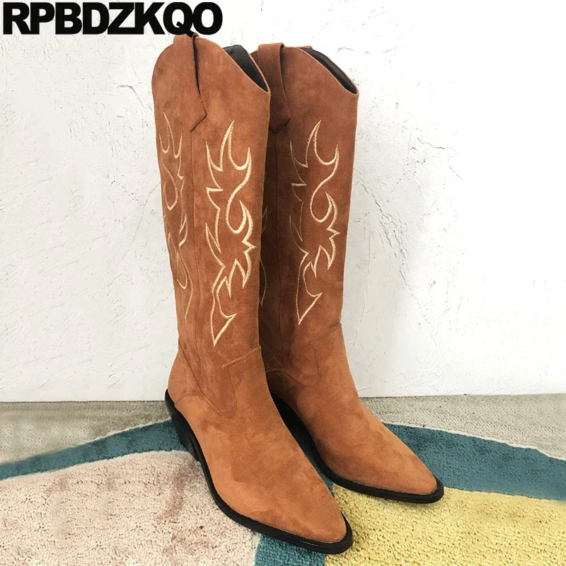 Pointed Toe Embroided Western Shoes Tall Cowgirl Cowboy Knee High Long Women Fur Lined Brown Heels Slip On Boots Suede Chunky