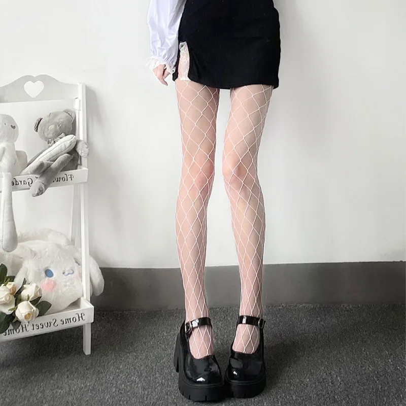 Lolita White Large Mesh High Waist Stockings Fishnet Club Tights Sexy Women Knitting Net Pantyhose Anime JK Cosplay Costume Sock