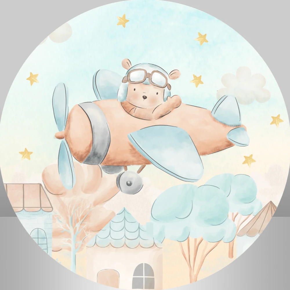 Fondo redondo para fiesta de bienvenida de bebé, oso de avión, cubierta personalizada para niño, decoración de fiesta de 1er cumpleaños, fondo de fotografía circular elástico
