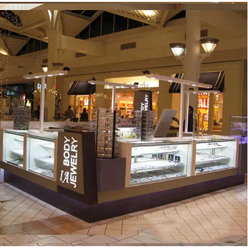 custom，Modern Design Jewelry Display Counter Heavy Duty Watch Jewelry Booth LED Light Jewelry Kiosk for Shopping Mall