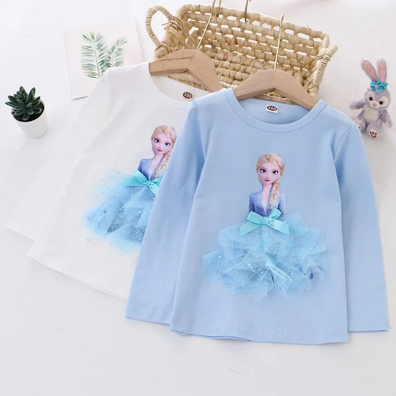 

New Disney Tee Shirt Quality Cotton Girl Tops for Children T-shirt Girls Long Sleeve Kids Tops Frozen Elsa Anna Clothes 2-8Y