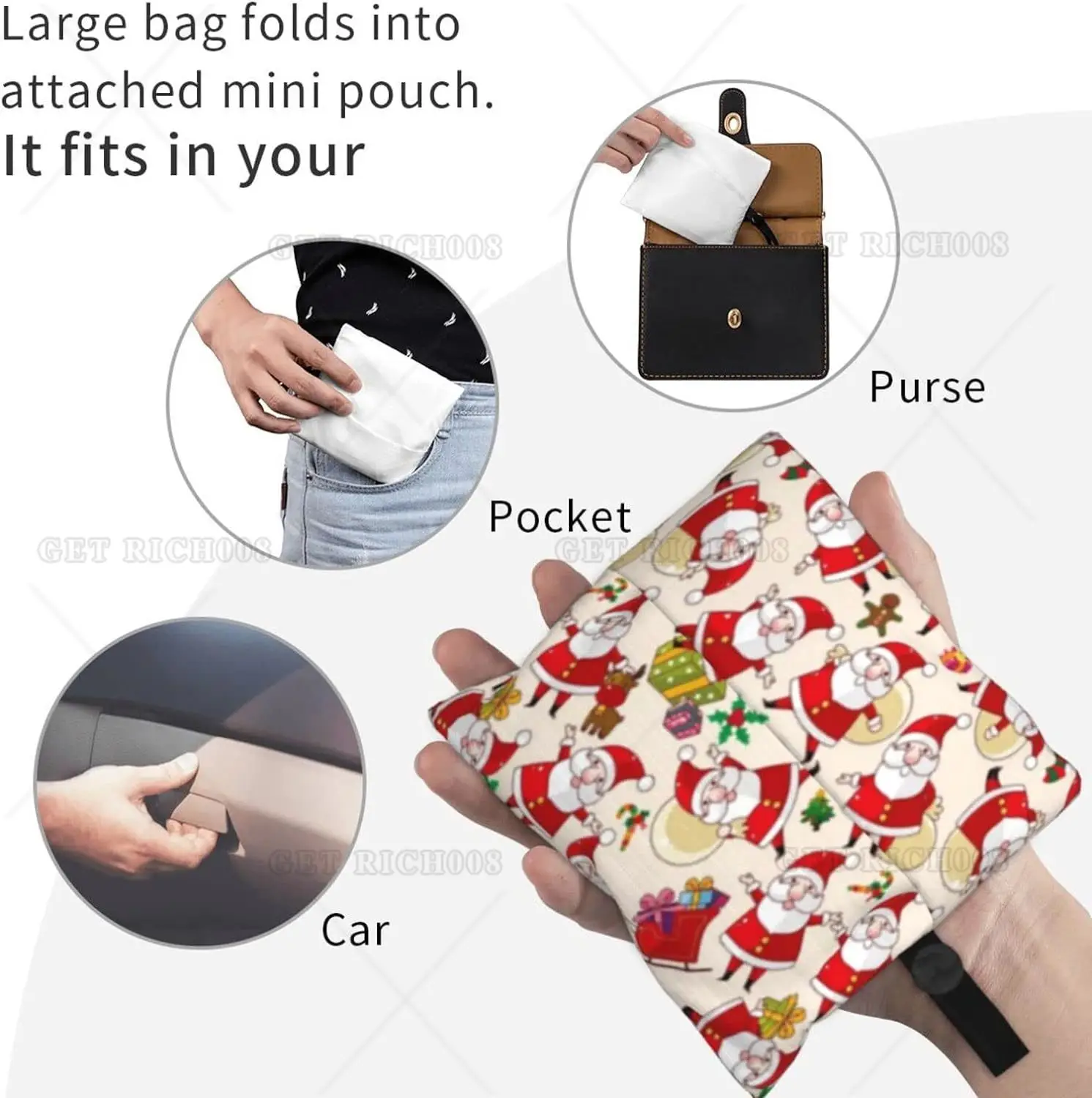 Cartone animato divertente Natale Babbo Natale Borse per la spesa Lavabile Pieghevole Borsa da trasporto Tote Borse regalo Borse shopper durevoli Borse