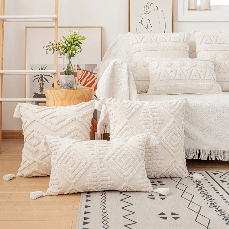 Tassels White Cushion Covers 45x45/30x50cm Cotton Pillow Cover Ivory Loop Tufted for Home Decoration Square Geometry Pillowcase