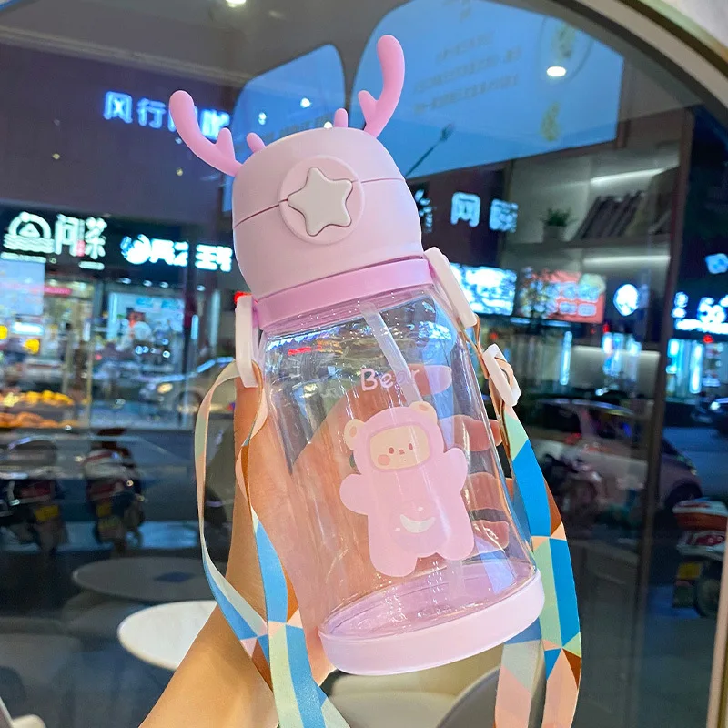 600ml garrafa de água das crianças para a escola portátil alunos do bebê anti gota copo bonito dos desenhos animados meninas garrafa de água com palha