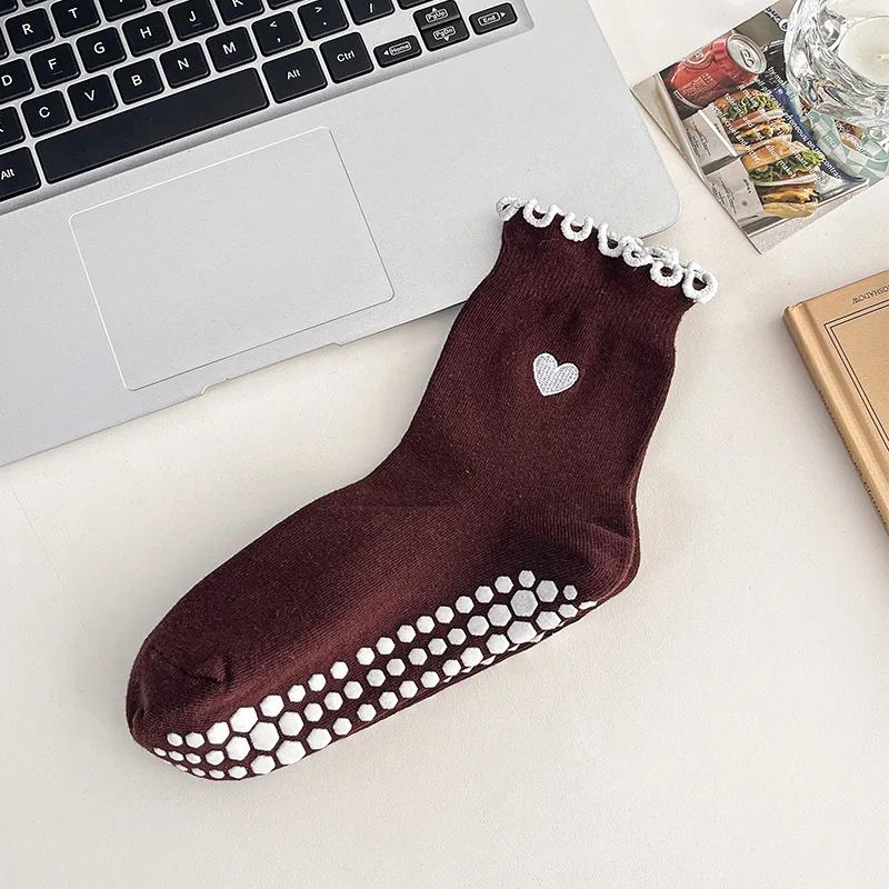3 Pairs Women Heart Pattern Frilly Yoga Pilates Socks Non-Slip Silicone Grips Mid-Calf Indoor Sports Dance Floor Socks image 3