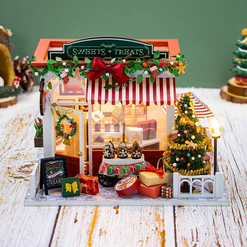 DIY Modelo Miniatura de Madeira Kit com Móveis, 3D Puzzle Dollhouse, Doces de Natal, Casa Casas de Bonecas, Presentes para Amigos