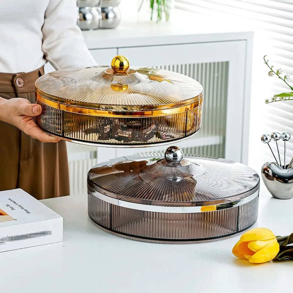 صينية الوجبات الخفيفة للفواكه المجففة، صينية تقديم مقسمة مع غطاء، طبق للوجبات الخفيفة من صينية الجوز القابلة للتكديس (اللون: كهرماني)