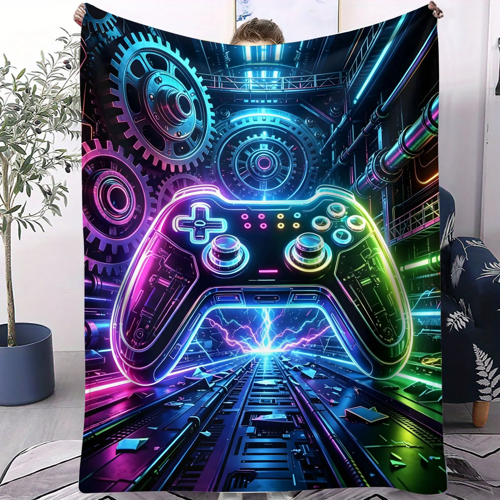 Neon Cyberpunk Gamepad Flannel Throw Blanket Mechanical Gear Sci-Fi Gaming Blanket for Sofa Bed Game Room Plush Decor Blanket
