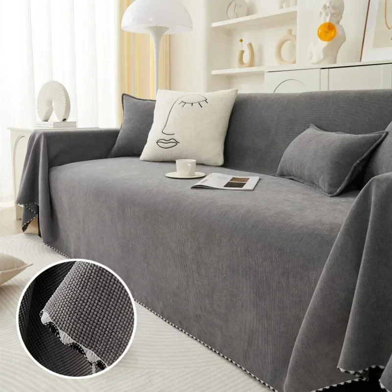 Chenille Sofa Towel All-cover Coffee Striped Pattern Sofa Throw Blanket with Tassels Couch Protector Double Face Usable