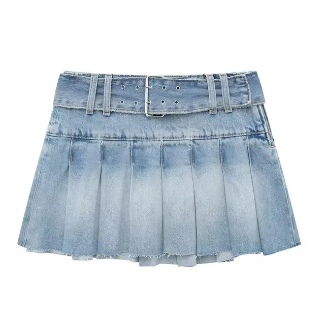 BabYoung Women Elegant Summer Wide Pleated Denim Skirt Female Chic Blue Waistband Decorate Slim A Line Zipper Mini Skirts Mujer