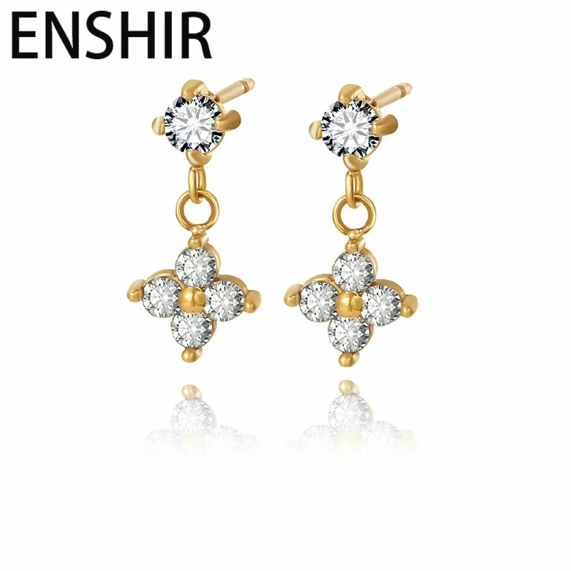 ENSHIR Four Leaf Flower Zircon Pendant Stud Earrings For Women Delicate French Fashion Wedding Lady Jewelry Gifts Wholesale