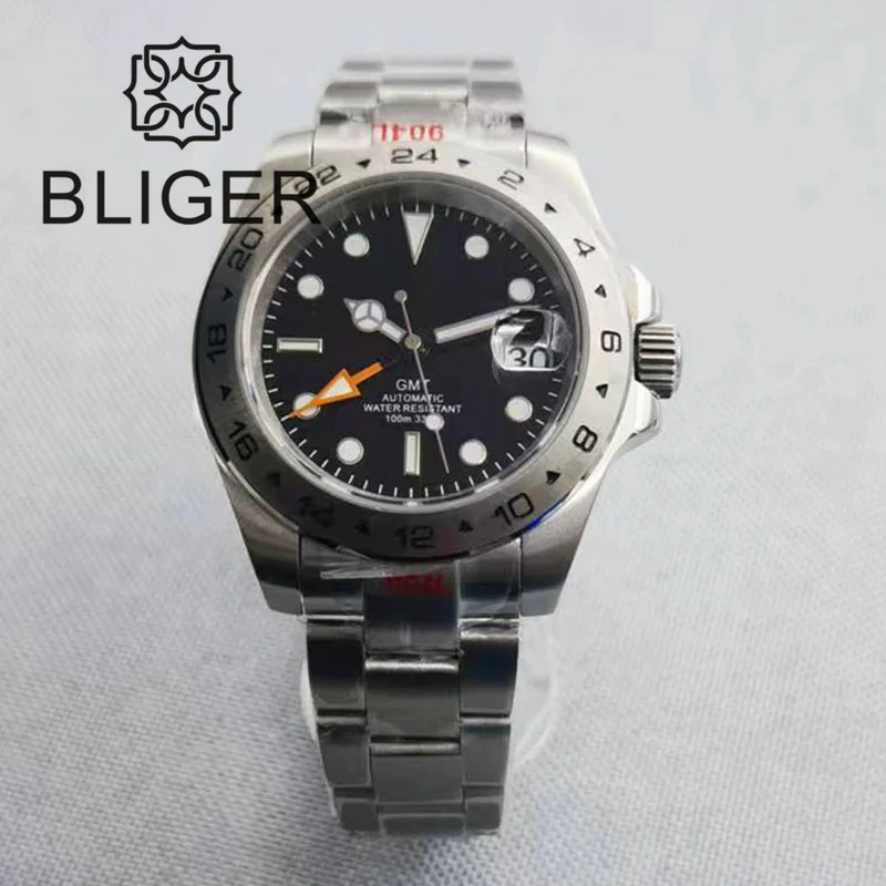BLIGER 40mm/43mm GMT Movement Men's Automatic Watch Sapphire Glass Waterproof Black Dial Orange GMT hands Green LUMINOUS Watches