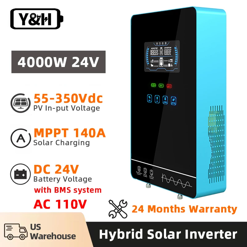 

Y&H 4KW Hybrid Solar Inverter 24Vdc 110V/120Vac Off Grid Pure Sine Wave Solar Inverter with MPPT 140A Solar Charger 50Hz/60Hz