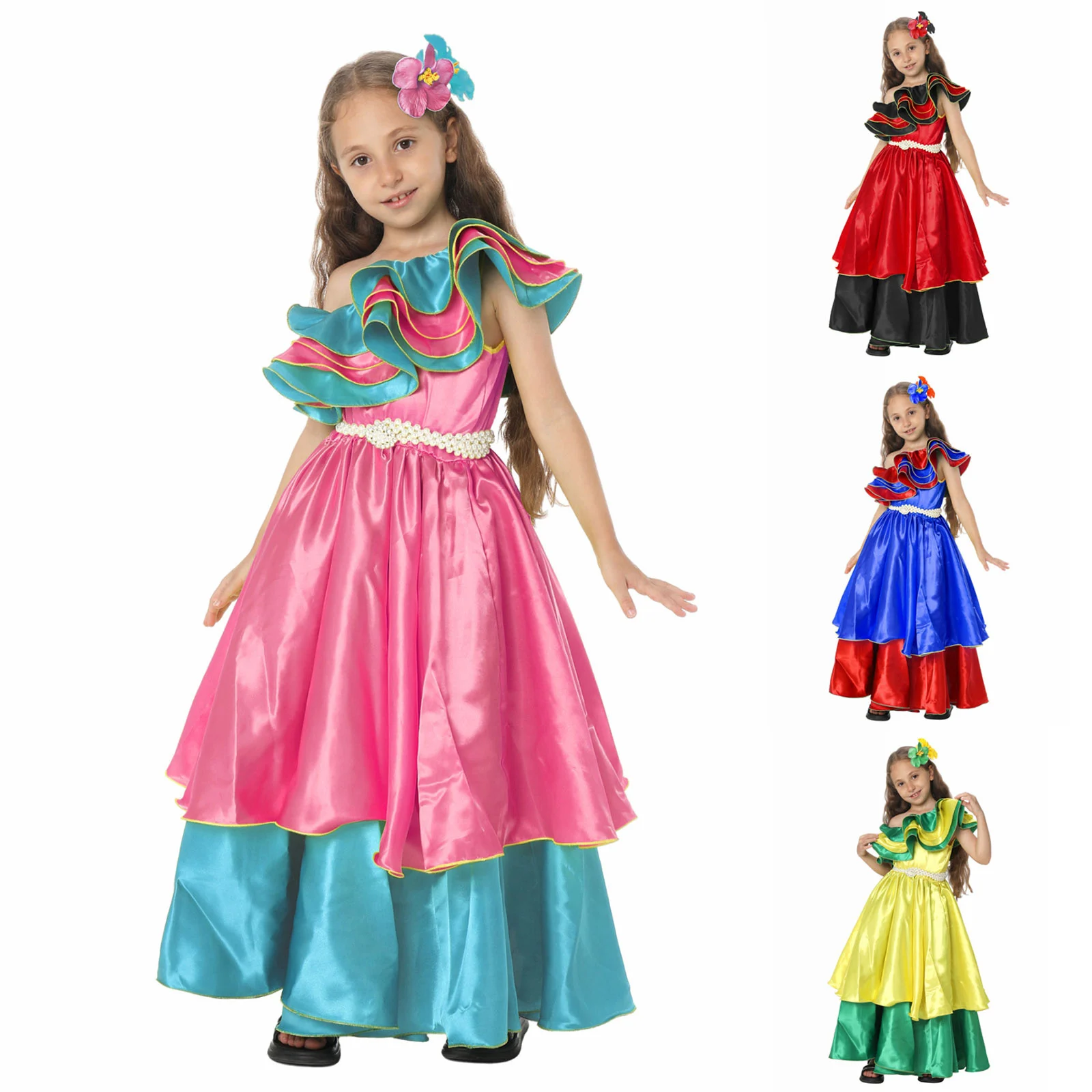 

Платье мексиканской фиесты для девочек с цветочным головным убором на одно плечо, атласный костюм с рюшами для карнавальной вечеринки, нарядное платье для косплея