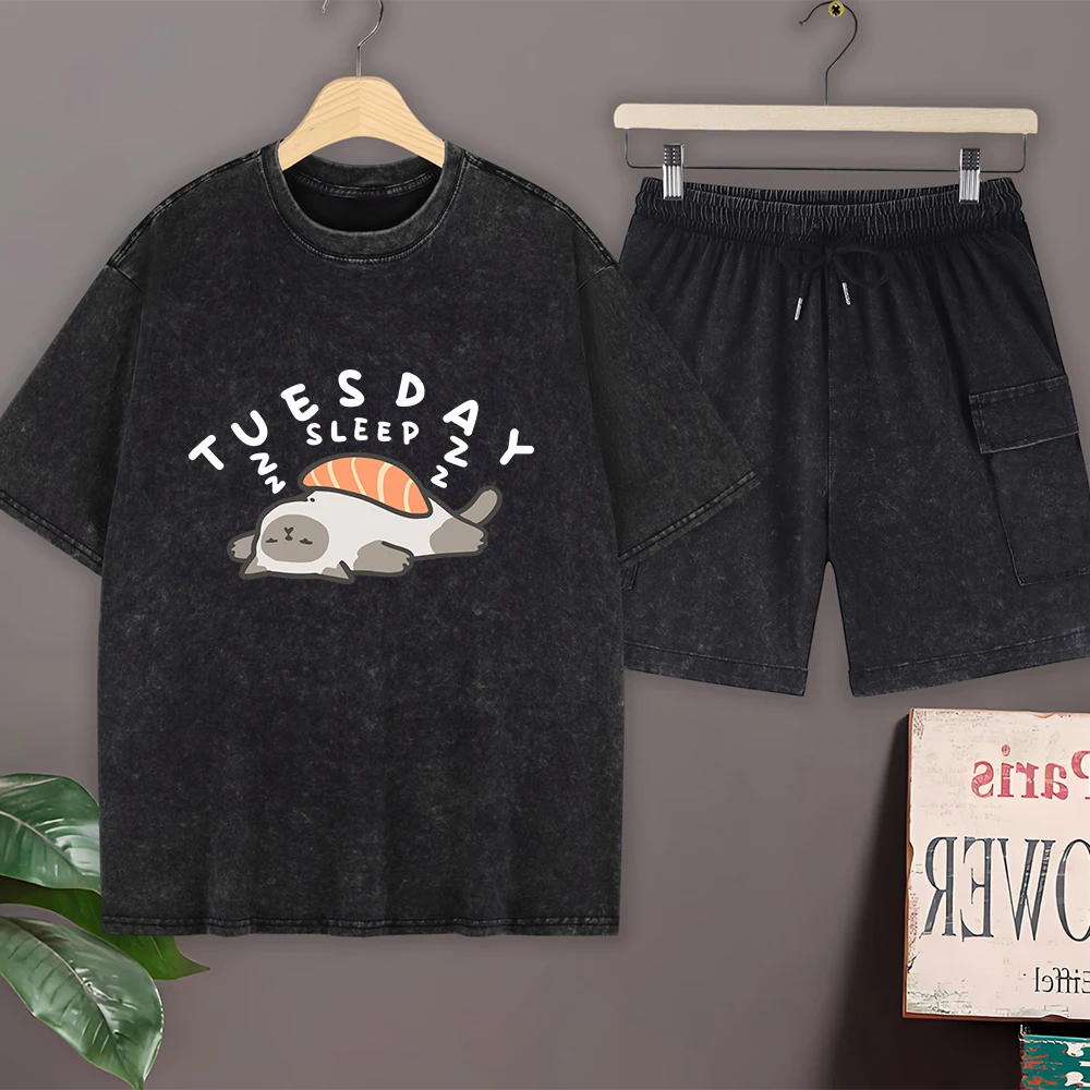 

Комплект мужской одежды: футболка оверсайз из хлопка с эффектом потертости и шорты карго, летний повседневный комплект с коротким рукавом и круглым вырезом