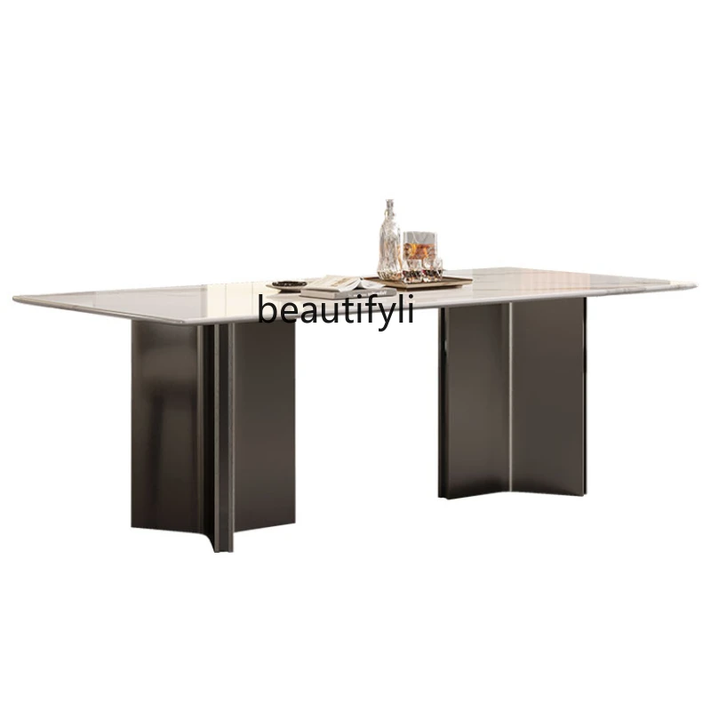 Italian-Style Light Luxury Minimalist Double-Layer Stone Plate Dining Table Home Modern Square Dining Table