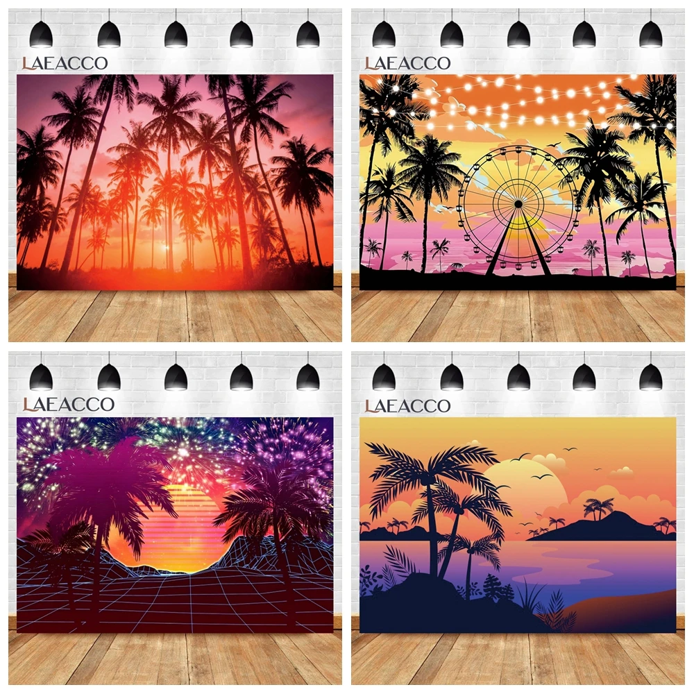 

Dusk Sea Beach Background Tropical Summer Holiday Waves Sunset Palm Trees Seaside Party Decoration Hawaiian Photography Backdrop