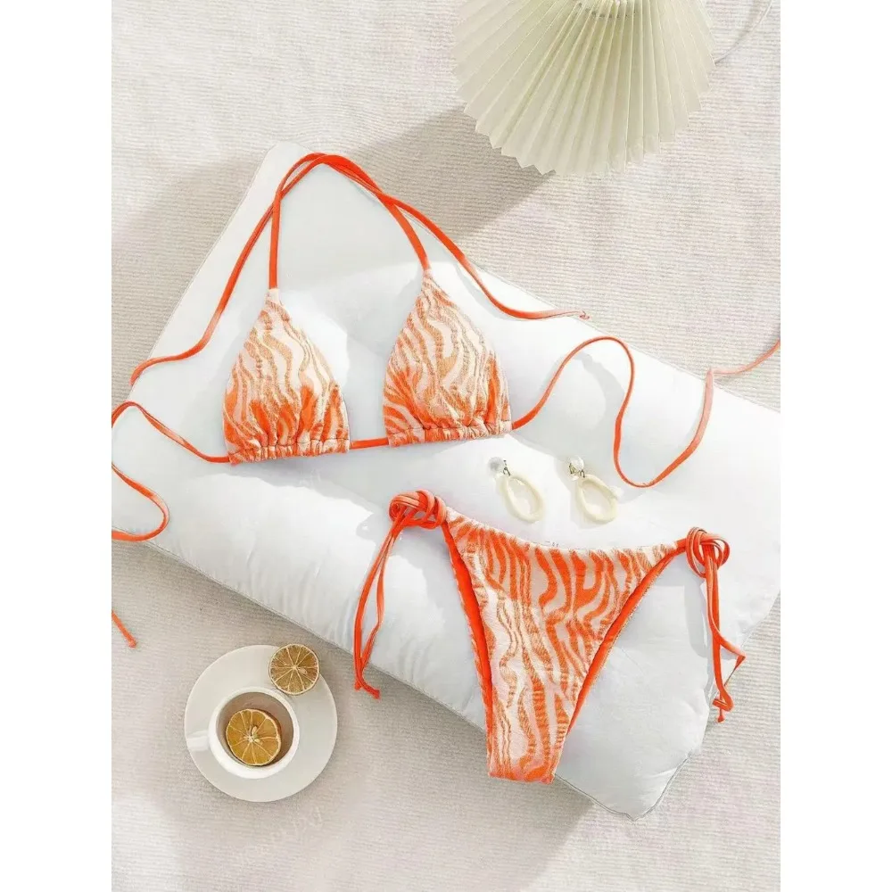 Sexy Orange Zebra Print Micro Bikini 2026 Women Halter Push Up Bra Tie Side Thong Swimsuit Summer Bathing Suit Holiday Swimwear