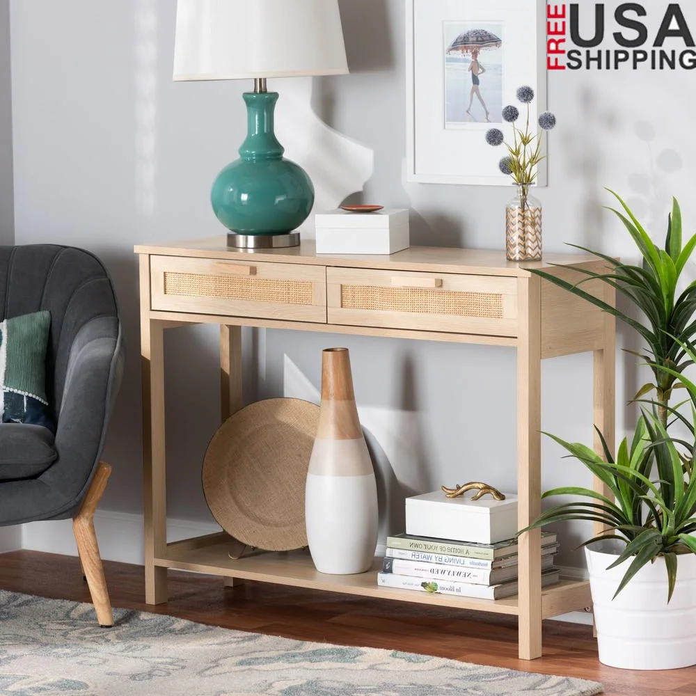 

Mid-Century Modern 2-Drawer Console Table Natural Rattan Accents Storage Open Shelf Sturdy Wood Frame Indoor Assembly Required