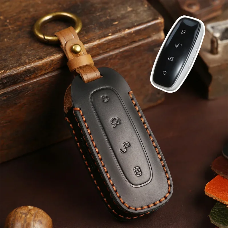 

1pc Leather Car Key Case Cover Bag For DENZA D9 2022 Ring Alcantara Accessories