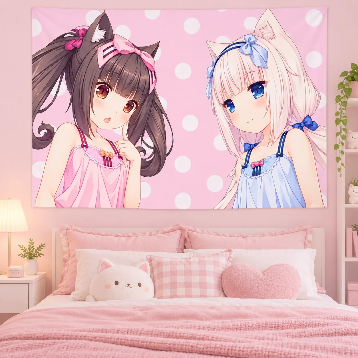 Anime Cat Girl Tapestry Cute Kawaii Wall Hanging Pink Pastel Aesthetic Wall Tapestry for Bedroom Dorm Room Decor Art Background