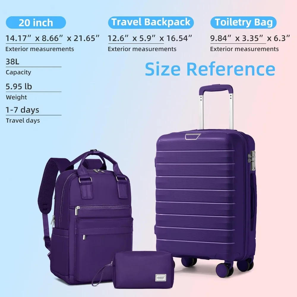 مجموعة حقائب حمل PP صلبة مكونة من 3 قطع مع 360 درجة °   عجلات دوارة، قفل TSA، حقيبة أمتعة من البولي يوريثان على شكل عنب للنساء، أساسية للسفر