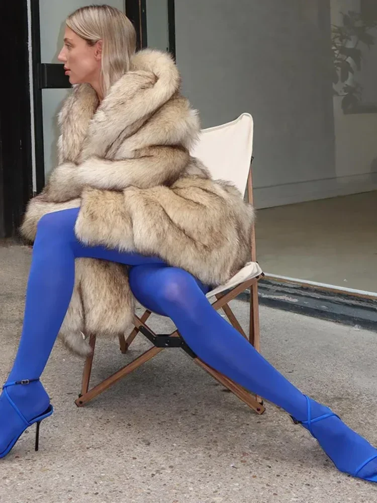 Damen-Mix-Farbe, Kunstpelz, Kunstpelz, lange Jacke, lässig, volle Ärmel, Taschen-Revers-Mantel, 2025, elegantes Büro, Pendeln, tägliche Oberbekleidung