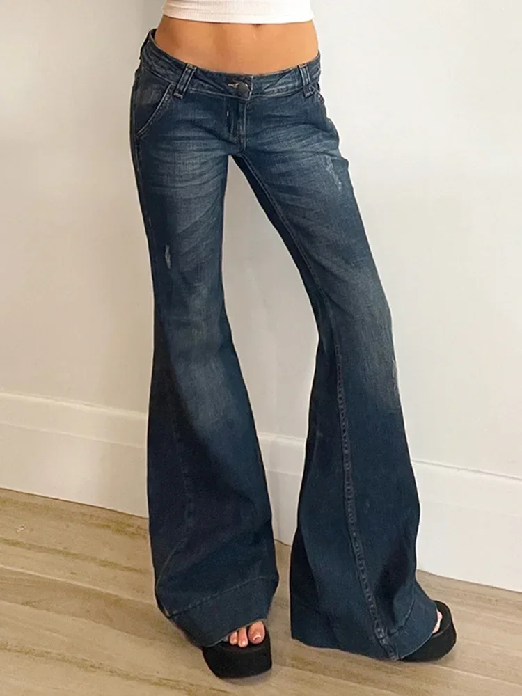 

Y2K Vintage Low Rise Flared Jeans for Women Slim-Fit Blue Denim Pants 2000S Retro Streetwear Casual Harajuku Style High Waist