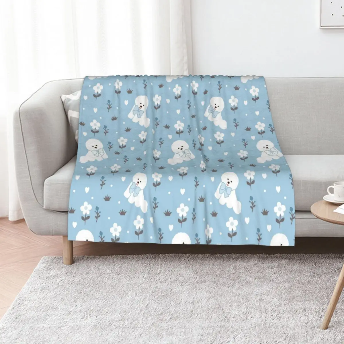 Cute Bichon Frise in Winter Snowy Garden Throw Blanket Warm Comfortable Blanket Gift for Parents Friends