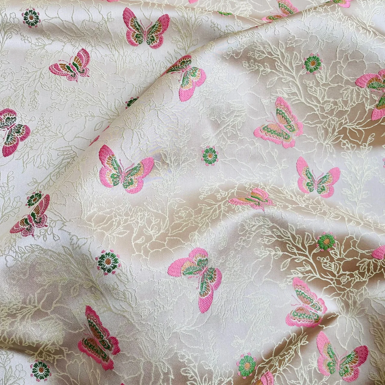 

Pink Green Butterfly Brocade Jacquard Fabric for Summer Dresses Cheongsam Hanfu Artistic Fabric