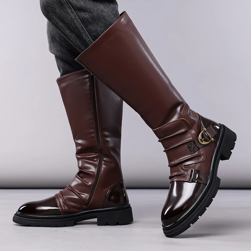 

Мужские модные высокие сапоги большого размера для сцены, черные, коричневые, оригинальные кожаные туфли, дизайнерские ковбойские ботинки, крутые длинные мотоциклетные ботинки