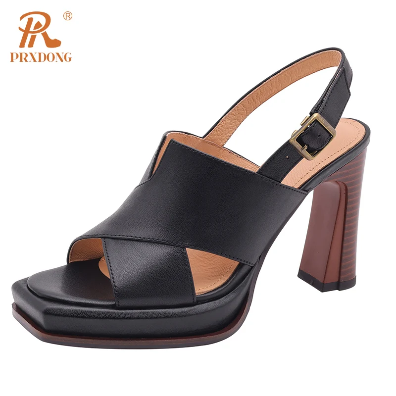 PRXDONG Women's Shoes Summer Brand Genuine Leather High Heels Platform Black Beige Apricot Dress Party Casual Retro Sandals 39